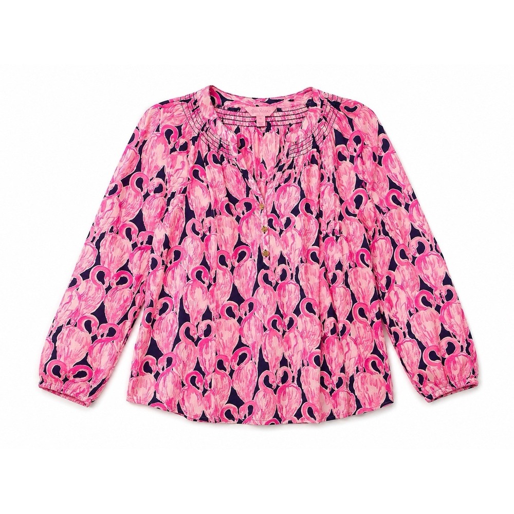 Lilly Pulitzer Elsa Top M High Tide Navy Via Amor Flamingo Pink Silk Blouse NWOT